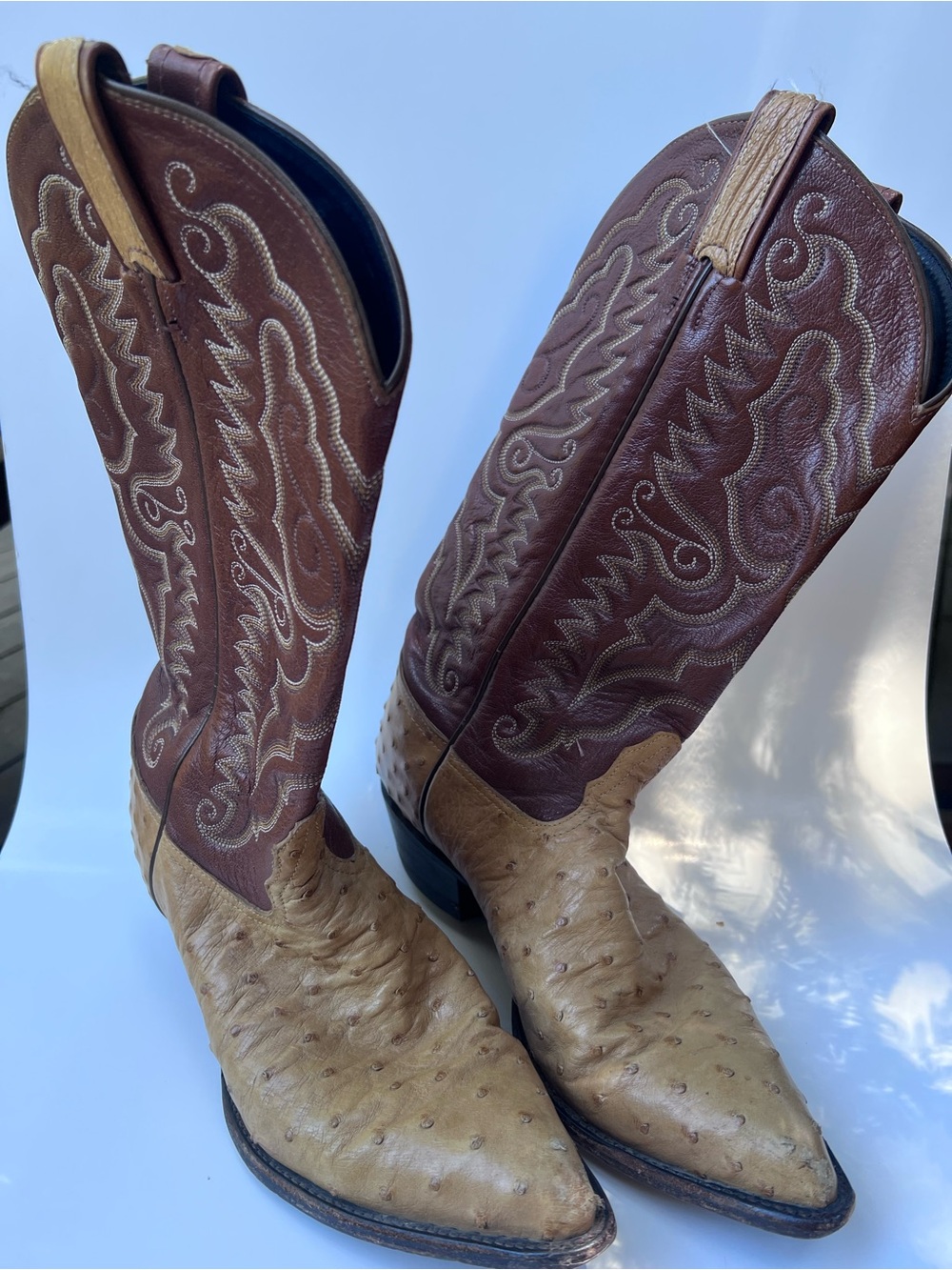 Tony Lama Two-Tone Ostrich Leather Cowboy Boots - Tan & Brown